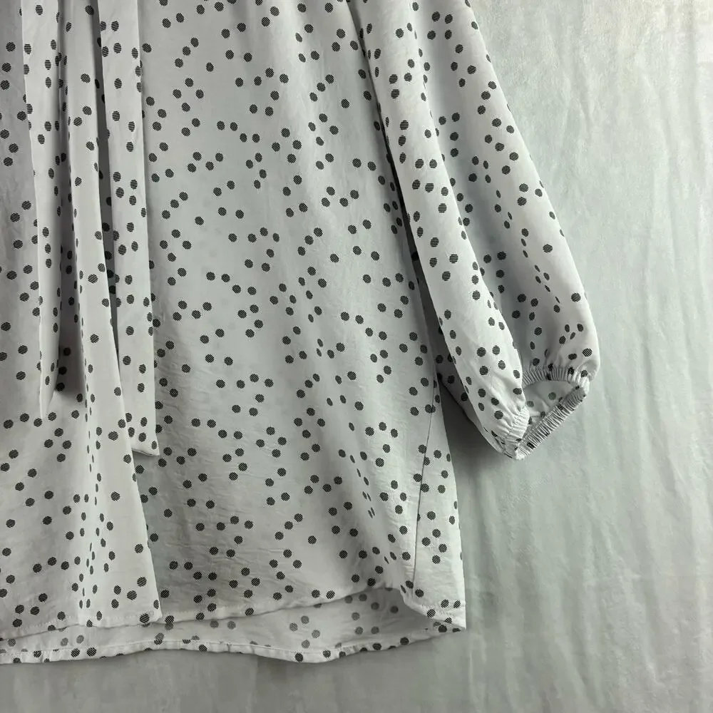 NYCC Popover Polka Dot Blouse Top Womens Large Tie Neck Grey White Twee Playful